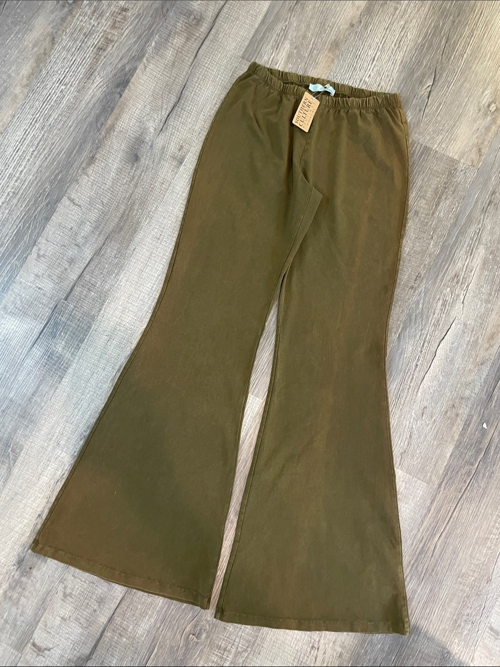Women's Olive Green Flared Pants - Elastic Waist